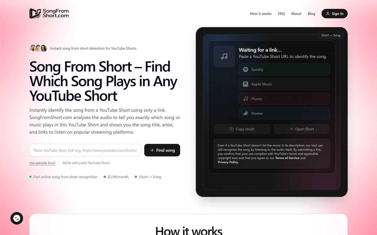 Screenshot of the SongFromShort website